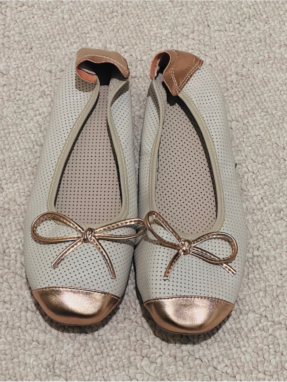 Women's Leather Perforated Ballet Flats with Rose Gold Accents
